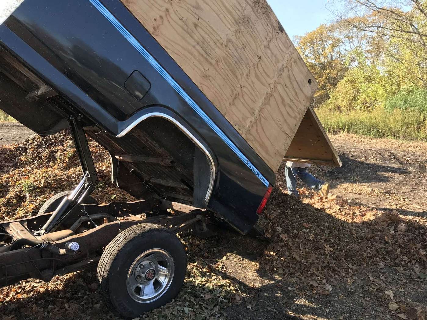An Outdoor Property Services dump body tipping a full load of leaves off site in southeastern Connecticut