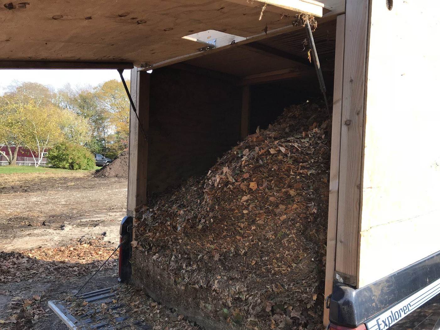 A truck body packed to the boards with leaves vacuumed off a southeastern Connecticut property by Outdoor Property Services
