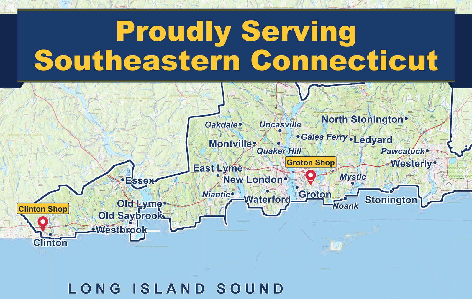 Map of the OPS service area on the U.S. Geological Survey topographic base: the 22 towns from Clinton to Westerly along the I-95 corridor in southeastern Connecticut, bordered in navy, with Long Island Sound below and the Groton and Clinton shops marked by red pins